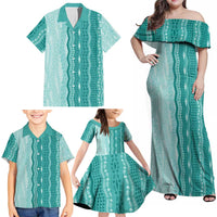 Vintage Teal Hawaiian Traditional Kapa Mix Flowers Lei Family Matching Off Shoulder Maxi Dress and Hawaiian Shirt