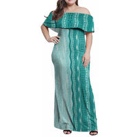 Vintage Teal Hawaiian Traditional Kapa Mix Flowers Lei Family Matching Off Shoulder Maxi Dress and Hawaiian Shirt