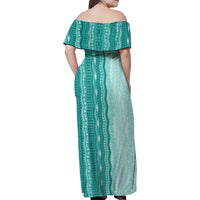 Vintage Teal Hawaiian Traditional Kapa Mix Flowers Lei Family Matching Off Shoulder Maxi Dress and Hawaiian Shirt