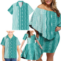 Vintage Teal Hawaiian Traditional Kapa Mix Flowers Lei Family Matching Off Shoulder Short Dress and Hawaiian Shirt