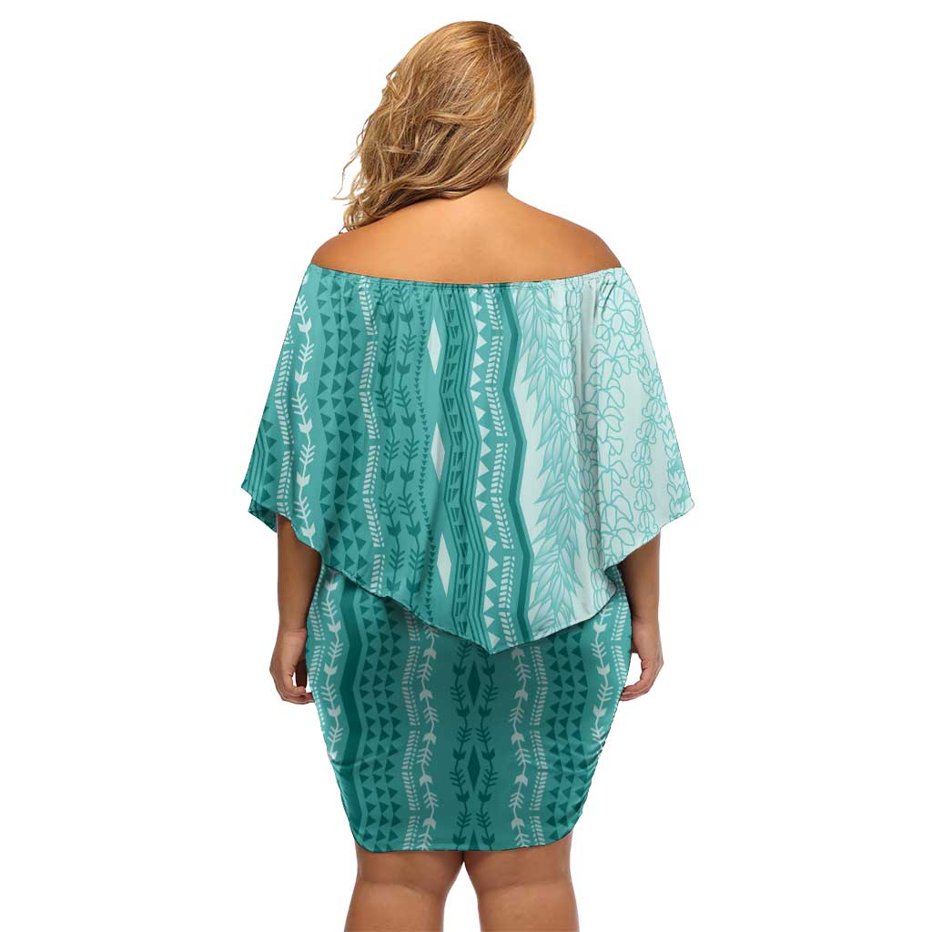 Vintage Teal Hawaiian Traditional Kapa Mix Flowers Lei Family Matching Off Shoulder Short Dress and Hawaiian Shirt