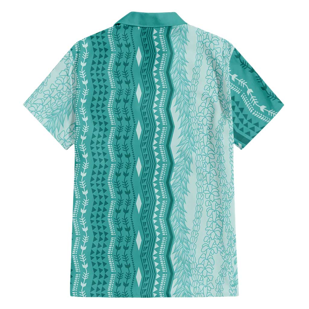 Vintage Teal Hawaiian Traditional Kapa Mix Flowers Lei Family Matching Puletasi and Hawaiian Shirt