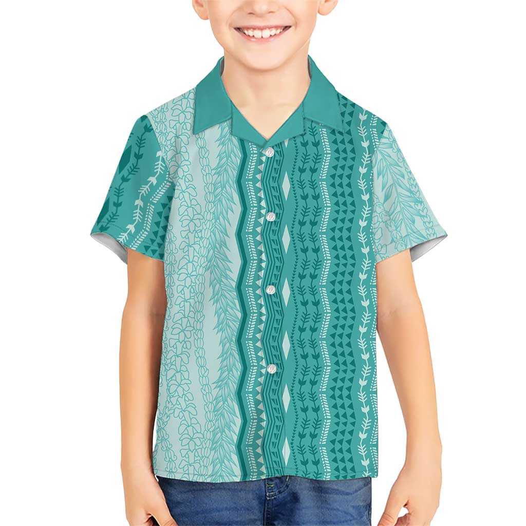 Vintage Teal Hawaiian Traditional Kapa Mix Flowers Lei Family Matching Puletasi and Hawaiian Shirt