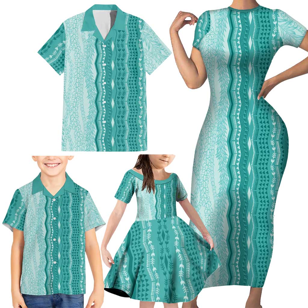 Vintage Teal Hawaiian Traditional Kapa Mix Flowers Lei Family Matching Short Sleeve Bodycon Dress and Hawaiian Shirt