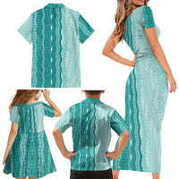 Vintage Teal Hawaiian Traditional Kapa Mix Flowers Lei Family Matching Short Sleeve Bodycon Dress and Hawaiian Shirt