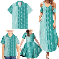 Vintage Teal Hawaiian Traditional Kapa Mix Flowers Lei Family Matching Summer Maxi Dress and Hawaiian Shirt