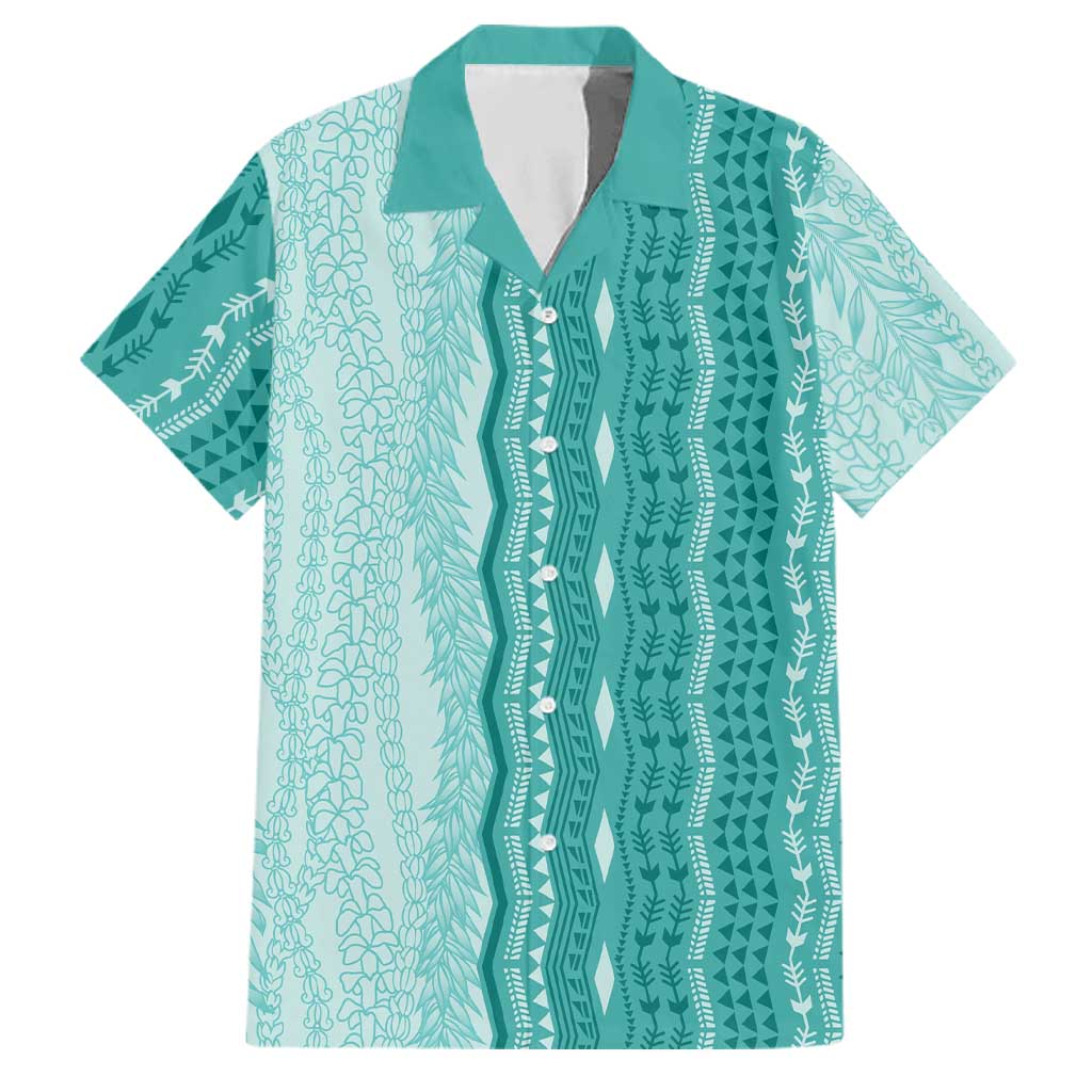 Vintage Teal Hawaiian Traditional Kapa Mix Flowers Lei Family Matching Summer Maxi Dress and Hawaiian Shirt
