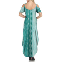 Vintage Teal Hawaiian Traditional Kapa Mix Flowers Lei Family Matching Summer Maxi Dress and Hawaiian Shirt