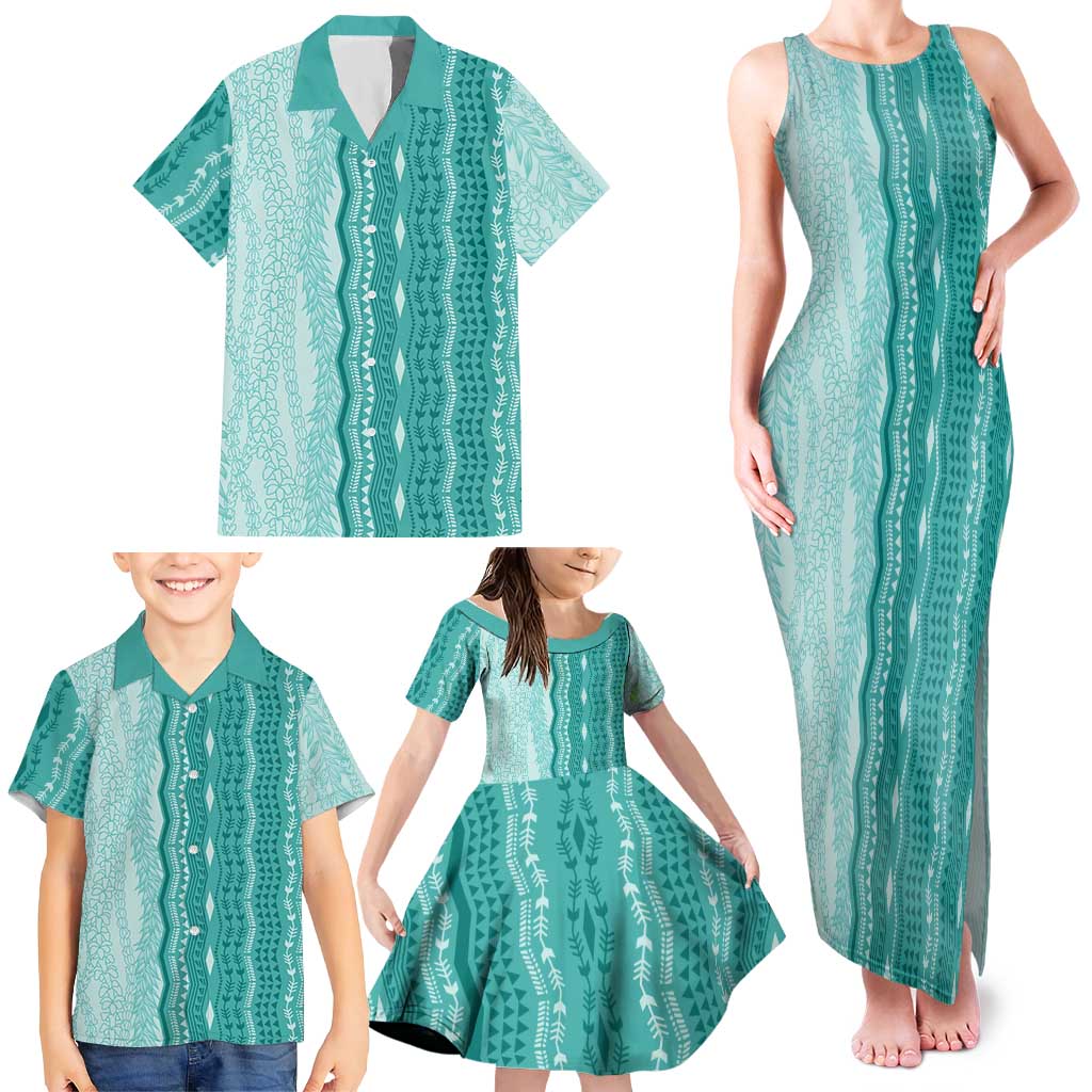 Vintage Teal Hawaiian Traditional Kapa Mix Flowers Lei Family Matching Tank Maxi Dress and Hawaiian Shirt LT7 - Polynesian Pride