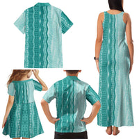 Vintage Teal Hawaiian Traditional Kapa Mix Flowers Lei Family Matching Tank Maxi Dress and Hawaiian Shirt