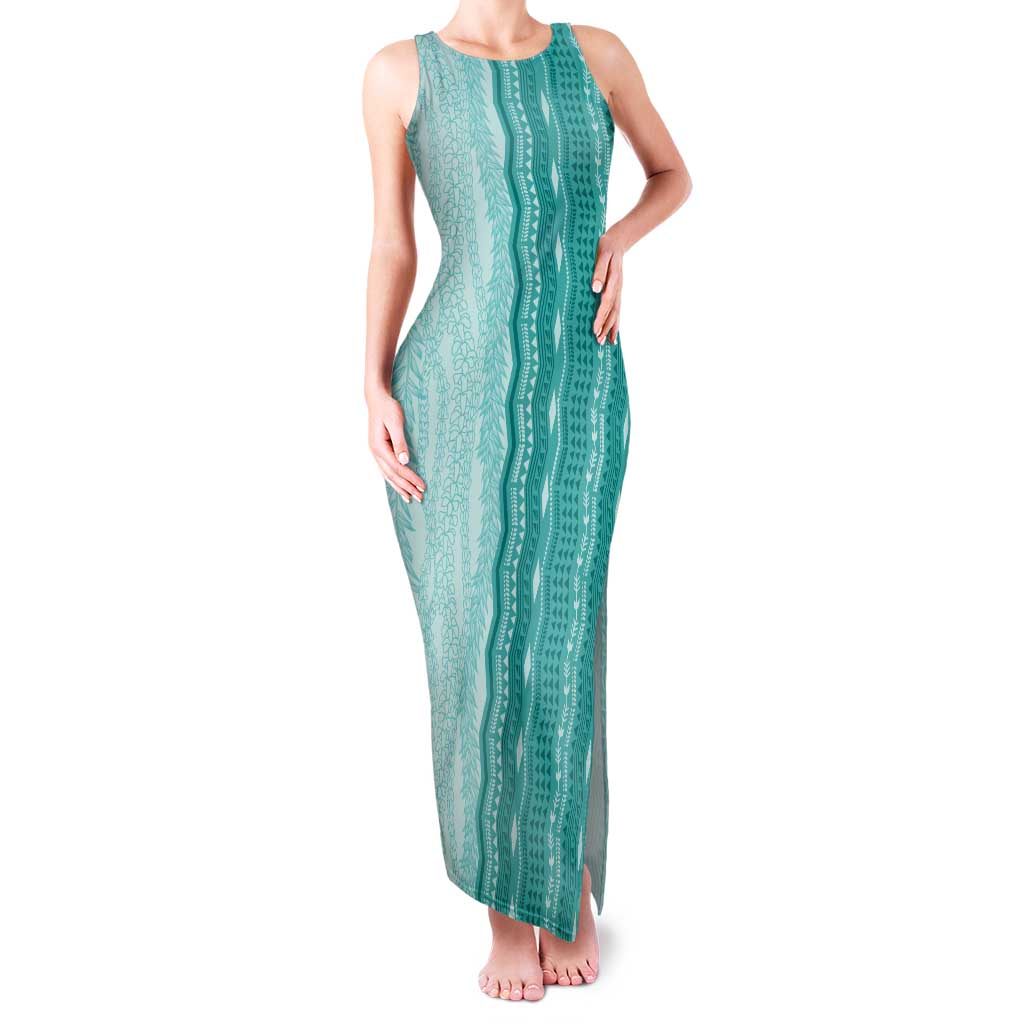 Vintage Teal Hawaiian Traditional Kapa Mix Flowers Lei Family Matching Tank Maxi Dress and Hawaiian Shirt