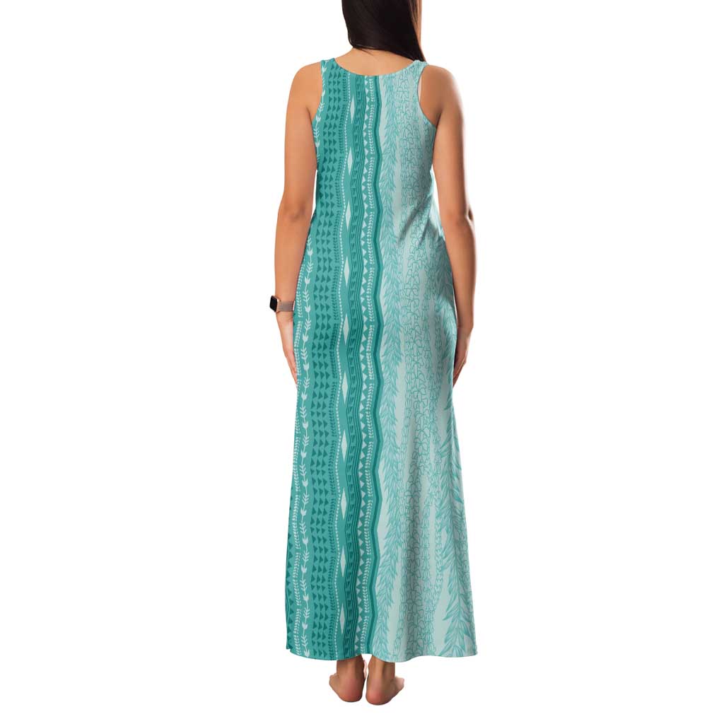 Vintage Teal Hawaiian Traditional Kapa Mix Flowers Lei Family Matching Tank Maxi Dress and Hawaiian Shirt