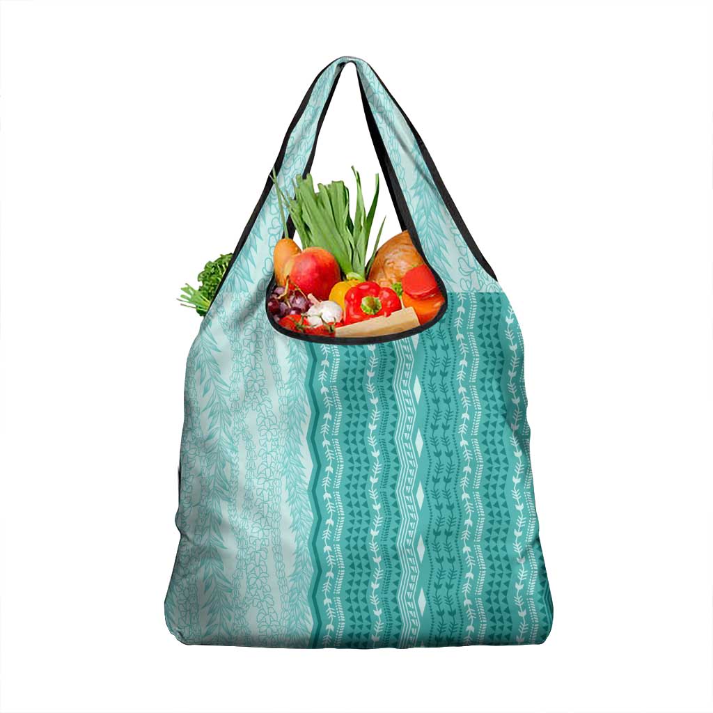 Vintage Teal Hawaiian Traditional Kapa Mix Flowers Lei Grocery Bag LT7 1-pack One Size Teal - Polynesian Pride