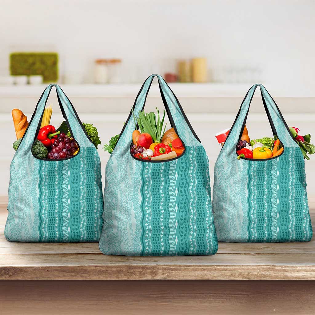 Vintage Teal Hawaiian Traditional Kapa Mix Flowers Lei Grocery Bag LT7 3-pack One Size Teal - Polynesian Pride
