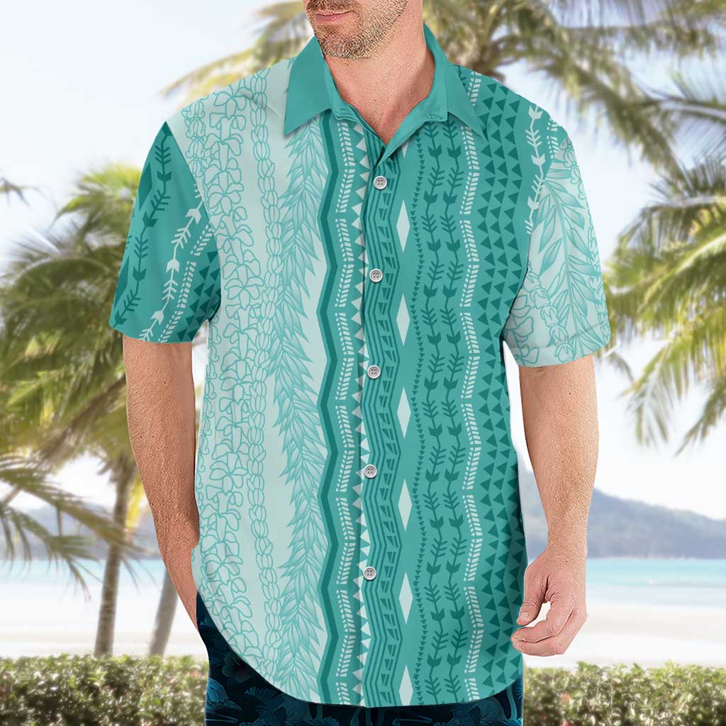 Vintage Teal Hawaiian Traditional Kapa Mix Flowers Lei Hawaiian Shirt LT7 - Polynesian Pride