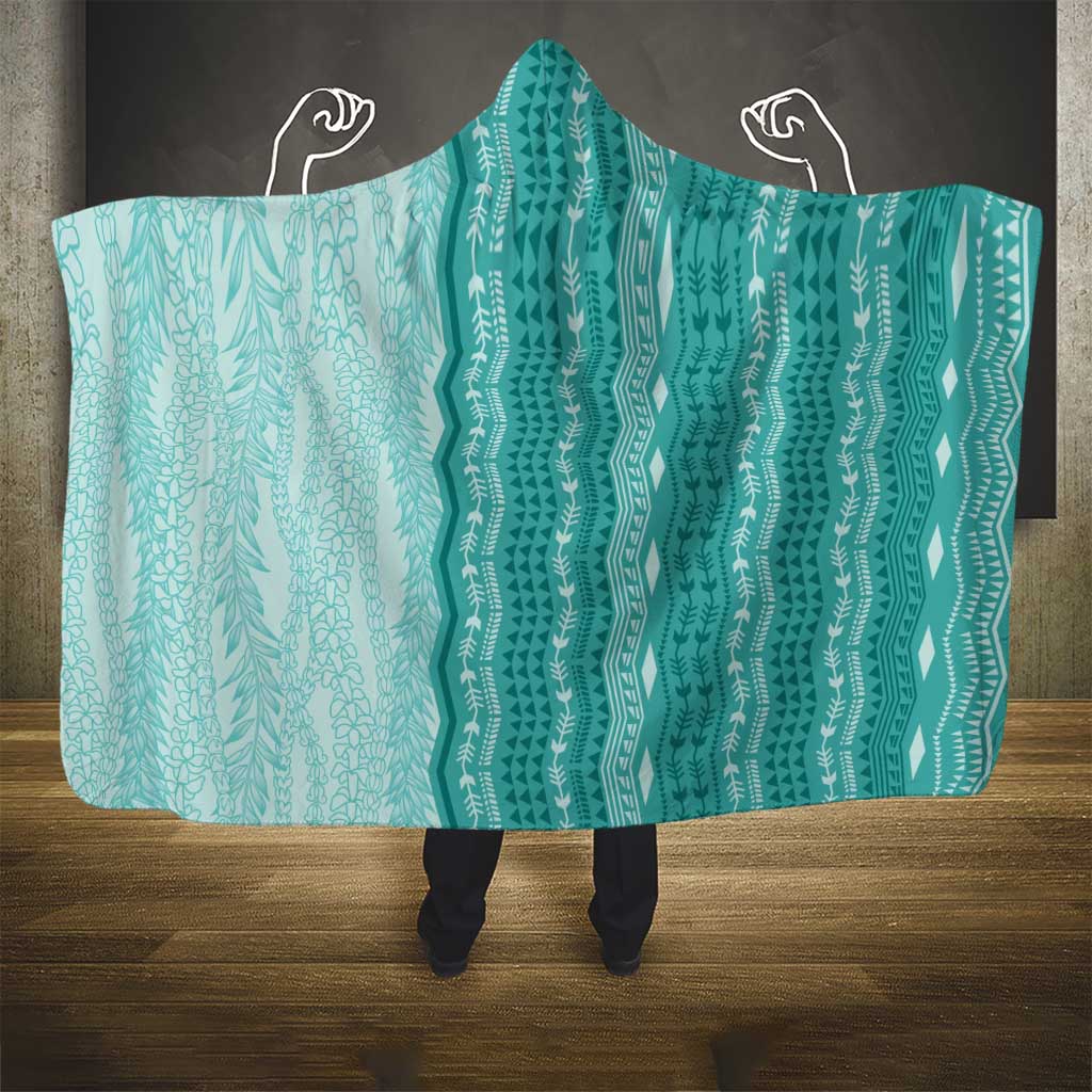 Vintage Teal Hawaiian Traditional Kapa Mix Flowers Lei Hooded Blanket LT7 - Polynesian Pride