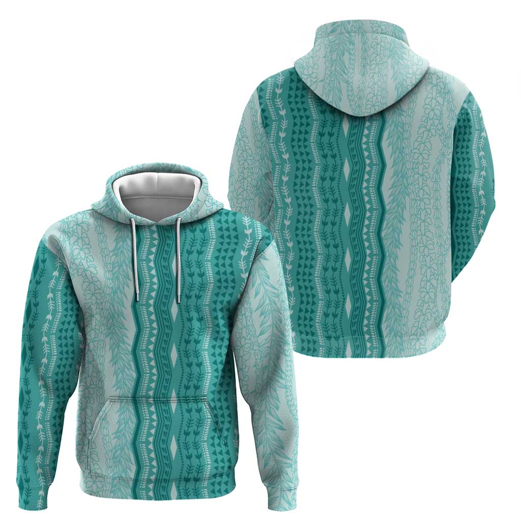 Vintage Teal Hawaiian Traditional Kapa Mix Flowers Lei Hoodie LT7 - Polynesian Pride