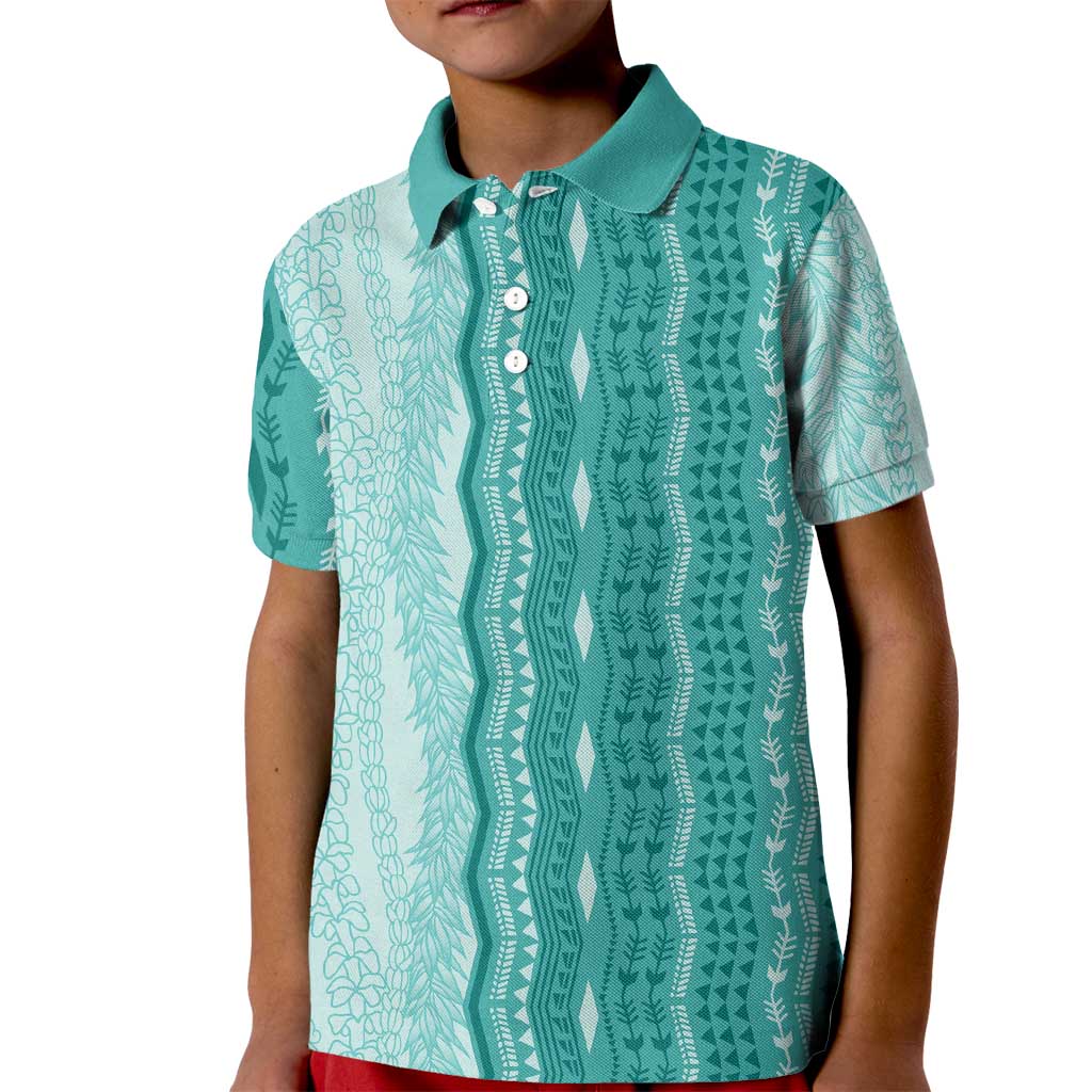 Vintage Teal Hawaiian Traditional Kapa Mix Flowers Lei Kid Polo Shirt LT7 Kid Teal - Polynesian Pride