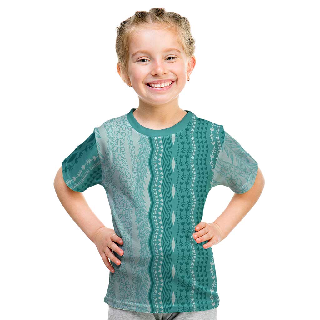 Vintage Teal Hawaiian Traditional Kapa Mix Flowers Lei Kid T Shirt LT7 Teal - Polynesian Pride