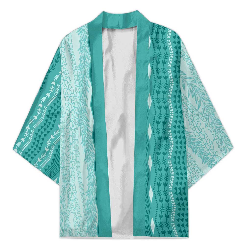 Vintage Teal Hawaiian Traditional Kapa Mix Flowers Lei Kimono LT7 Unisex Teal - Polynesian Pride