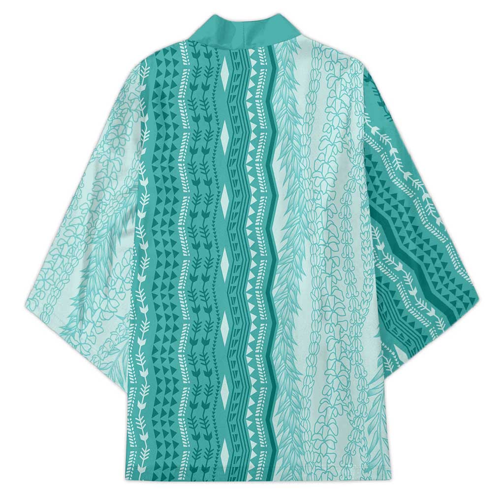 Vintage Teal Hawaiian Traditional Kapa Mix Flowers Lei Kimono LT7 - Polynesian Pride