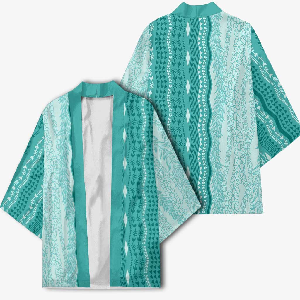 Vintage Teal Hawaiian Traditional Kapa Mix Flowers Lei Kimono LT7 - Polynesian Pride