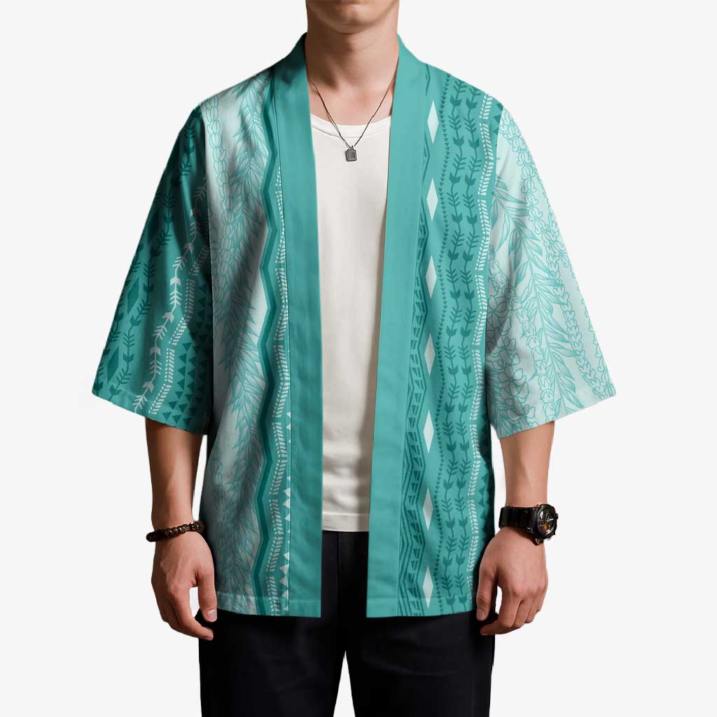 Vintage Teal Hawaiian Traditional Kapa Mix Flowers Lei Kimono LT7 - Polynesian Pride