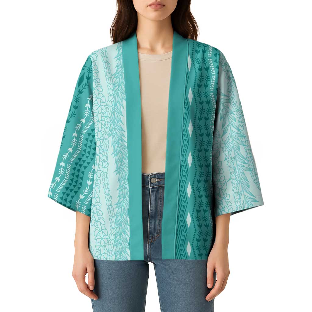 Vintage Teal Hawaiian Traditional Kapa Mix Flowers Lei Kimono LT7 - Polynesian Pride