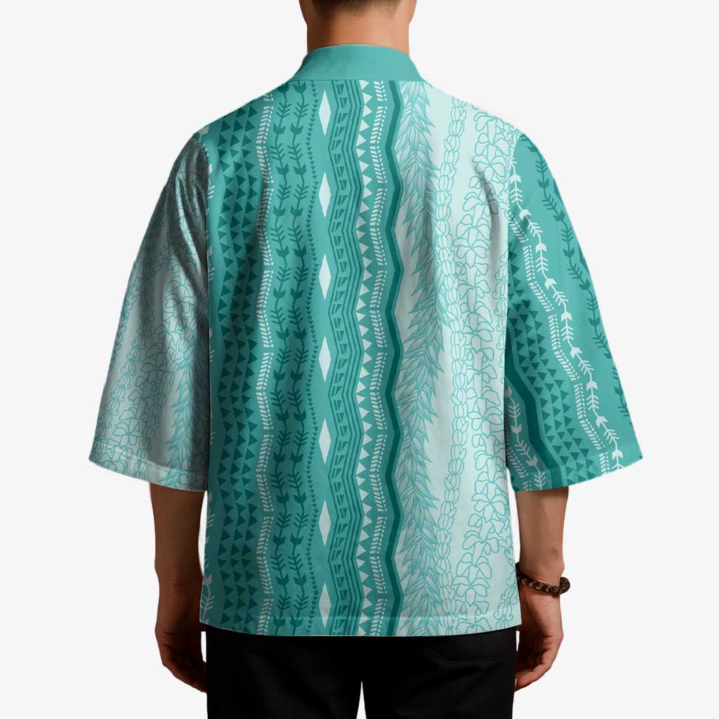 Vintage Teal Hawaiian Traditional Kapa Mix Flowers Lei Kimono LT7 - Polynesian Pride