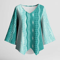 Vintage Teal Hawaiian Traditional Kapa Mix Flowers Lei Kimono Sleeve Blouse LT7 Female Teal - Polynesian Pride