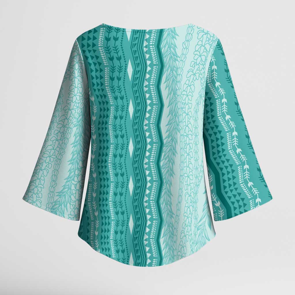 Vintage Teal Hawaiian Traditional Kapa Mix Flowers Lei Kimono Sleeve Blouse LT7 - Polynesian Pride