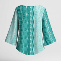 Vintage Teal Hawaiian Traditional Kapa Mix Flowers Lei Kimono Sleeve Blouse LT7 - Polynesian Pride