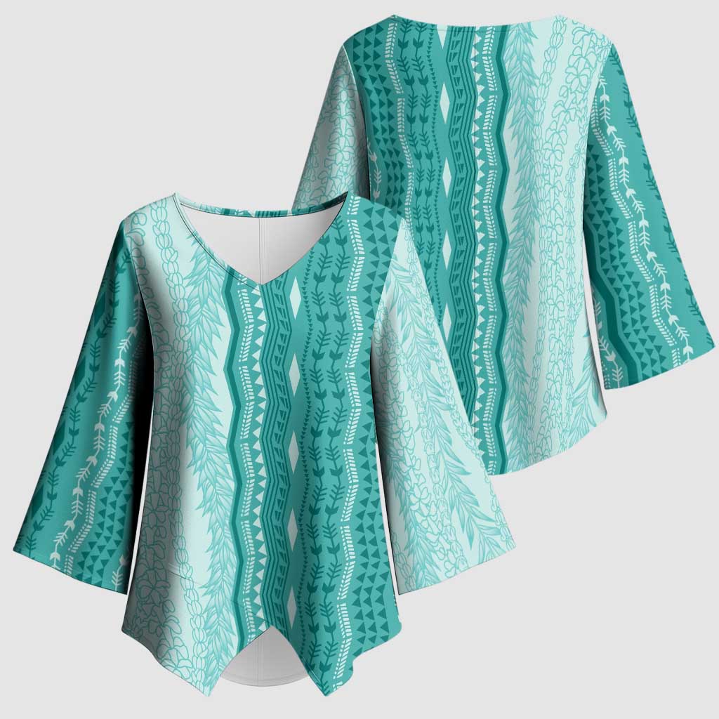 Vintage Teal Hawaiian Traditional Kapa Mix Flowers Lei Kimono Sleeve Blouse LT7 - Polynesian Pride