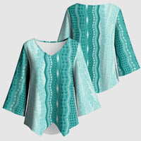 Vintage Teal Hawaiian Traditional Kapa Mix Flowers Lei Kimono Sleeve Blouse LT7 - Polynesian Pride