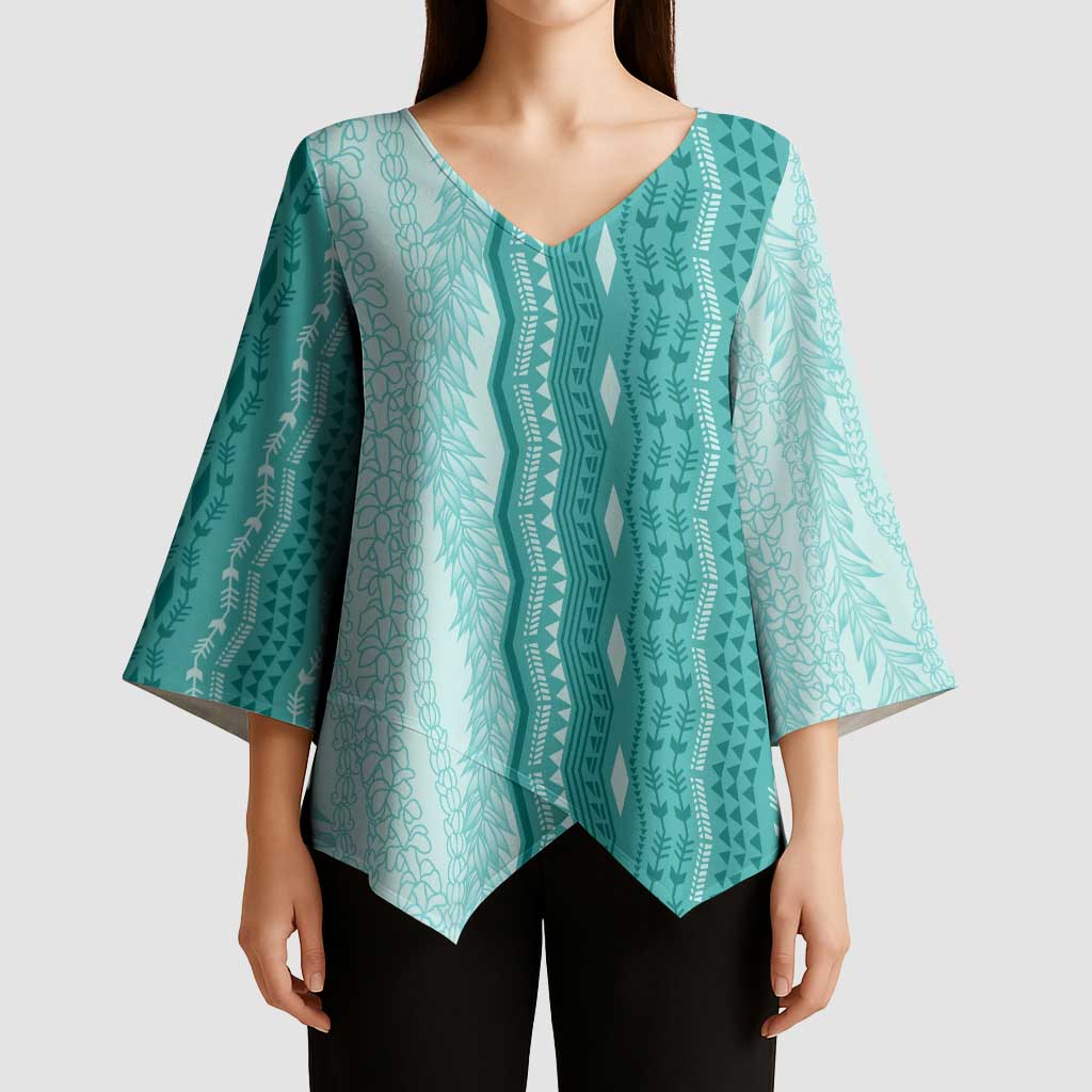 Vintage Teal Hawaiian Traditional Kapa Mix Flowers Lei Kimono Sleeve Blouse LT7 - Polynesian Pride