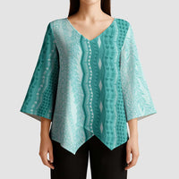 Vintage Teal Hawaiian Traditional Kapa Mix Flowers Lei Kimono Sleeve Blouse LT7 - Polynesian Pride
