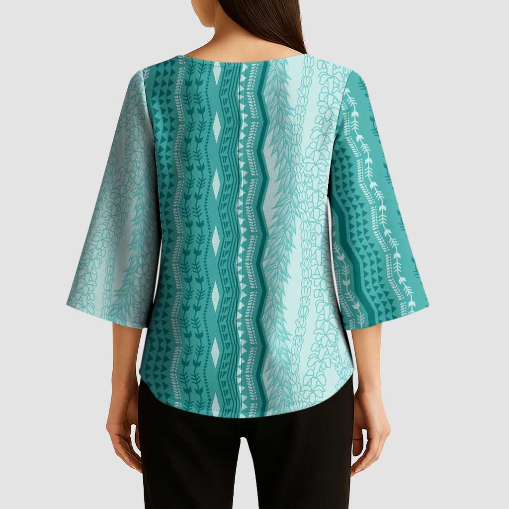 Vintage Teal Hawaiian Traditional Kapa Mix Flowers Lei Kimono Sleeve Blouse LT7 - Polynesian Pride