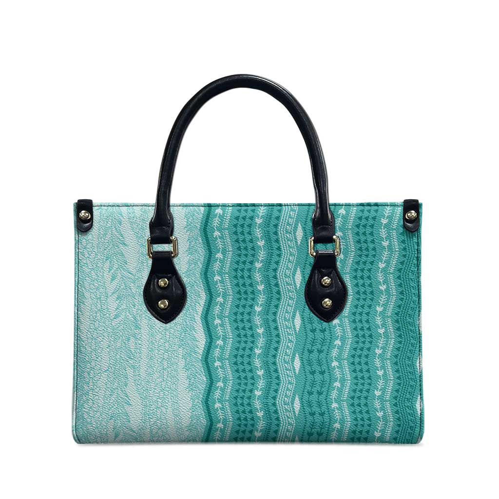 Vintage Teal Hawaiian Traditional Kapa Mix Flowers Lei Leather Bag LT7 - Polynesian Pride