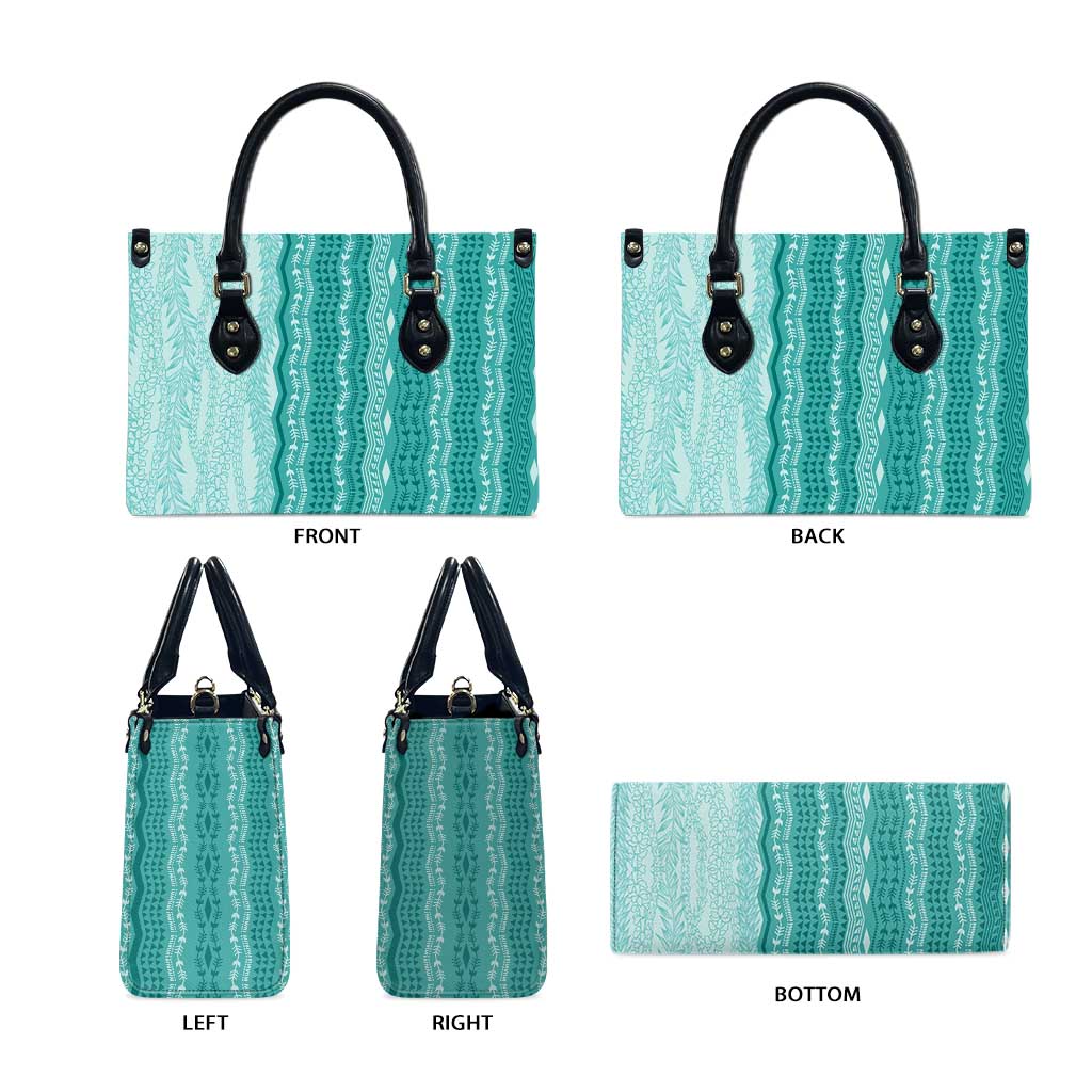 Vintage Teal Hawaiian Traditional Kapa Mix Flowers Lei Leather Bag LT7 - Polynesian Pride