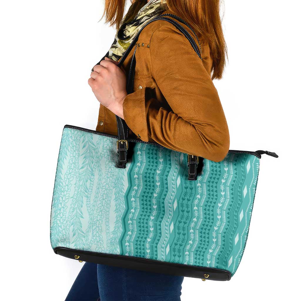 Vintage Teal Hawaiian Traditional Kapa Mix Flowers Lei Leather Tote Bag