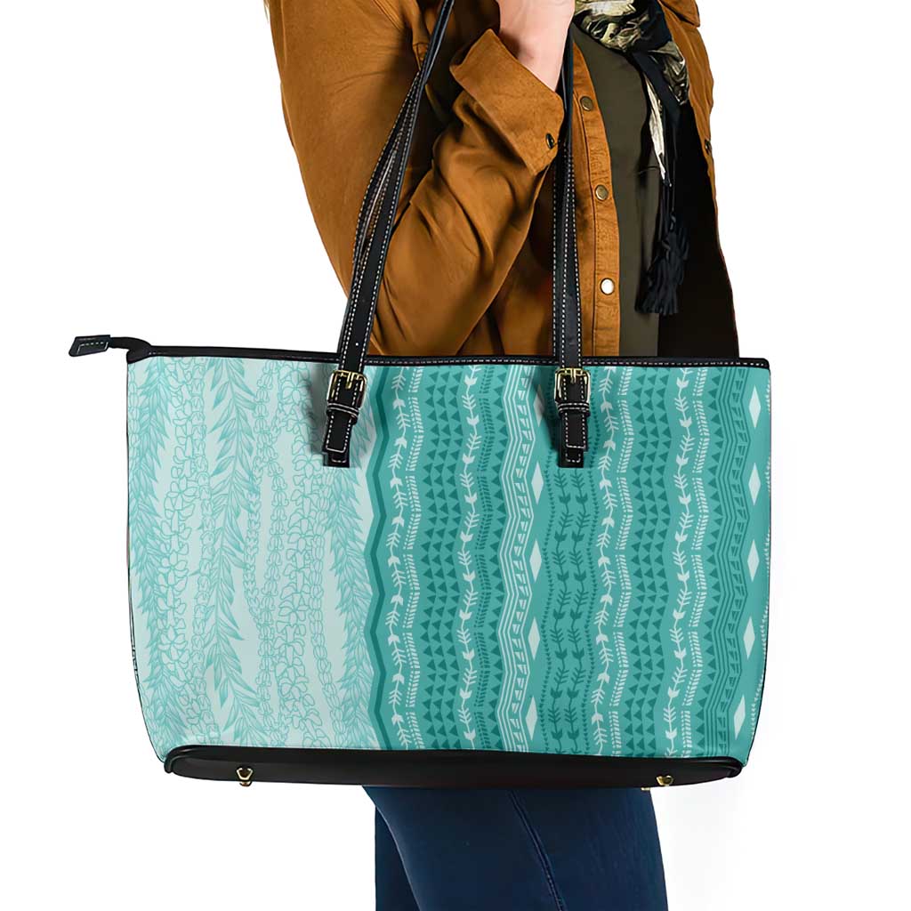Vintage Teal Hawaiian Traditional Kapa Mix Flowers Lei Leather Tote Bag