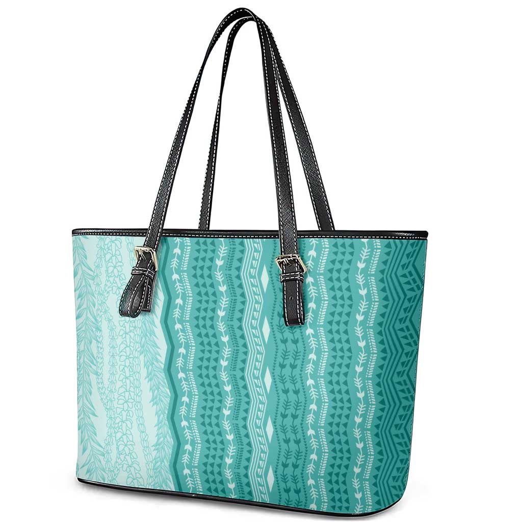 Vintage Teal Hawaiian Traditional Kapa Mix Flowers Lei Leather Tote Bag