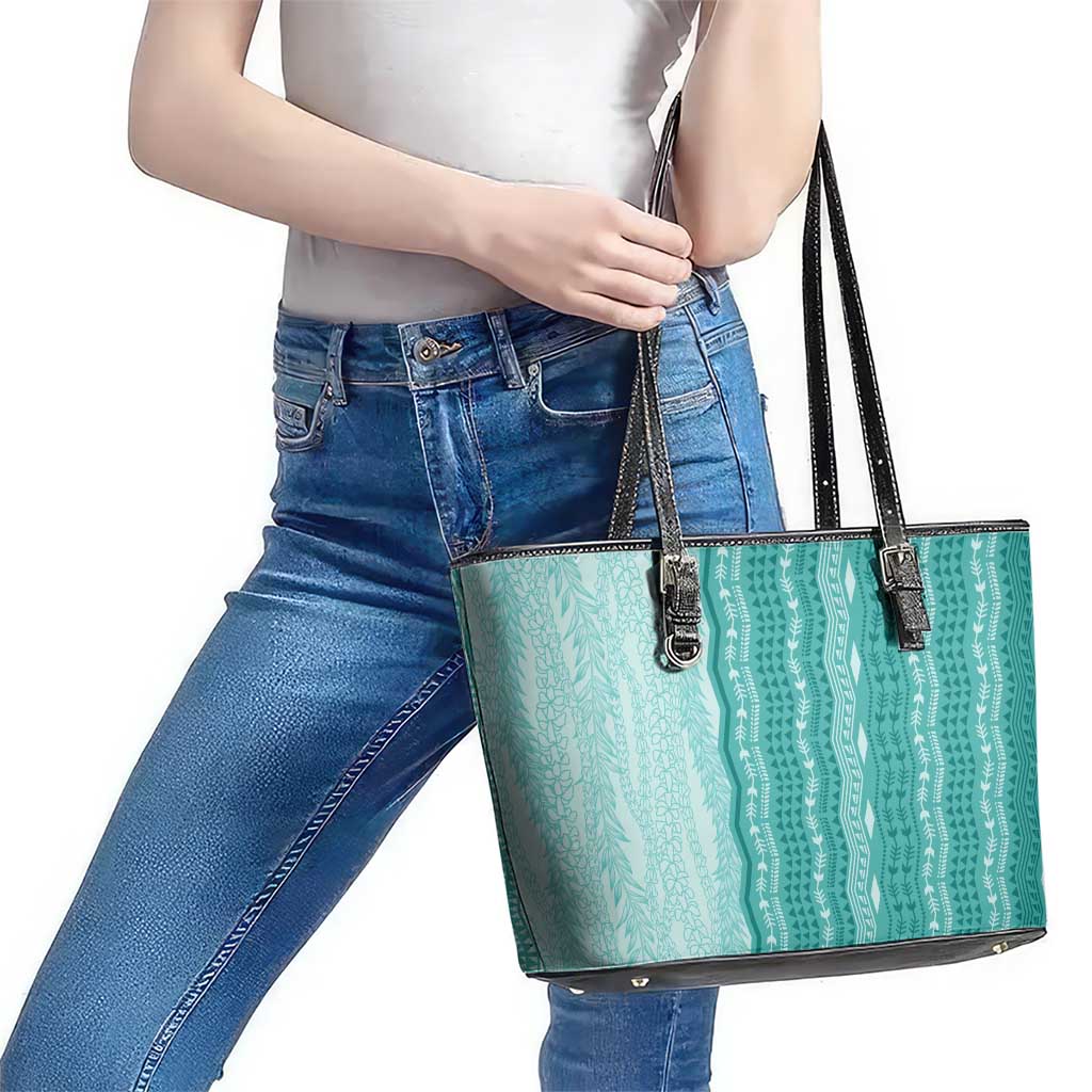 Vintage Teal Hawaiian Traditional Kapa Mix Flowers Lei Leather Tote Bag