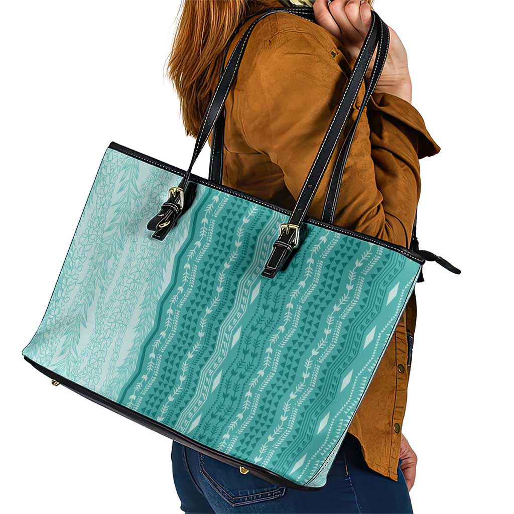 Vintage Teal Hawaiian Traditional Kapa Mix Flowers Lei Leather Tote Bag