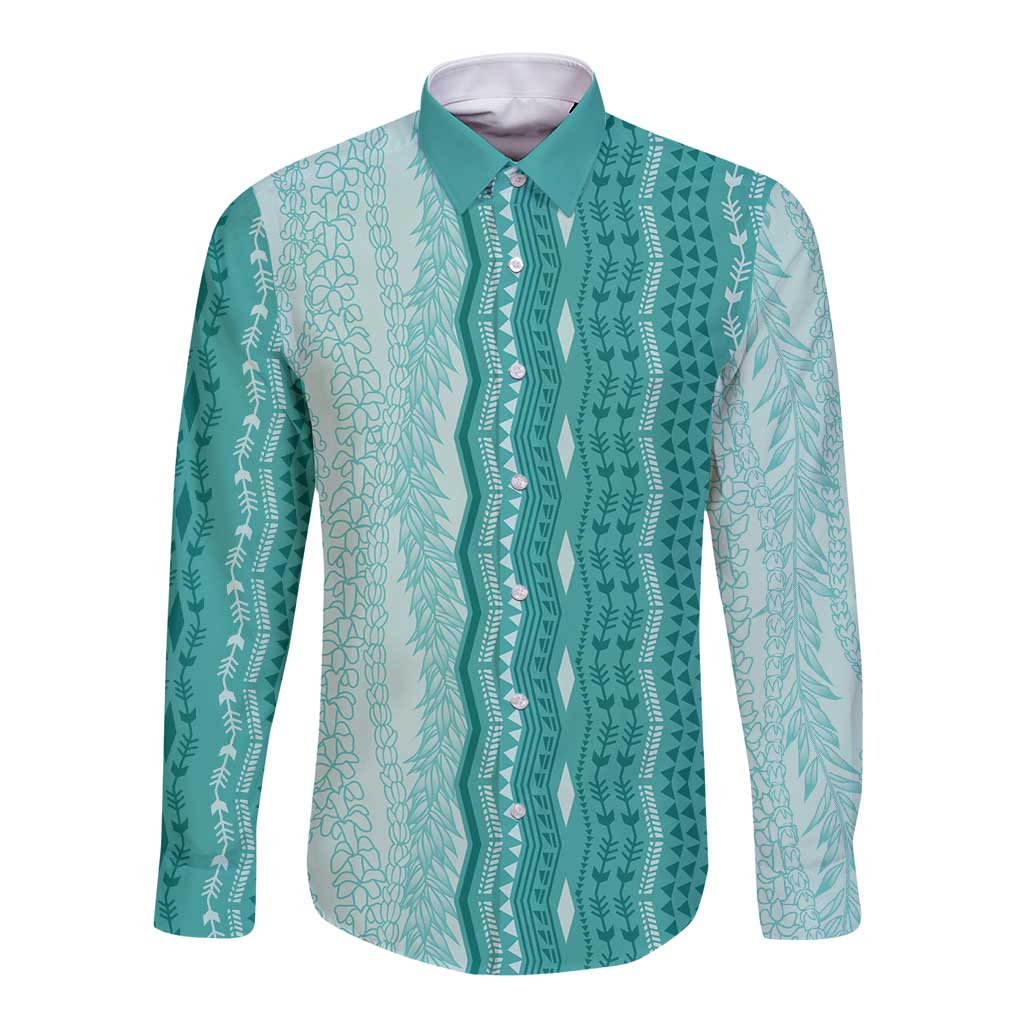 Vintage Teal Hawaiian Traditional Kapa Mix Flowers Lei Long Sleeve Button Shirt LT7 Unisex Teal - Polynesian Pride