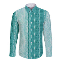 Vintage Teal Hawaiian Traditional Kapa Mix Flowers Lei Long Sleeve Button Shirt LT7 Unisex Teal - Polynesian Pride