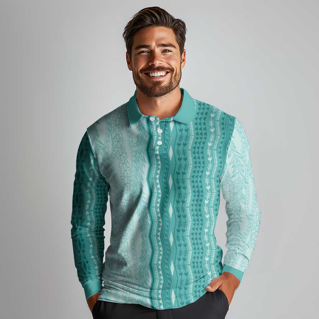 Vintage Teal Hawaiian Traditional Kapa Mix Flowers Lei Long Sleeve Polo Shirt LT7 - Polynesian Pride