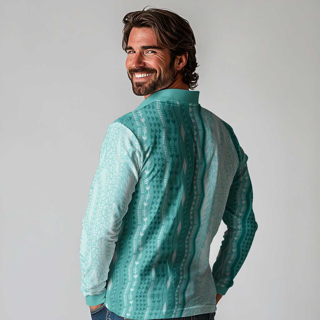 Vintage Teal Hawaiian Traditional Kapa Mix Flowers Lei Long Sleeve Polo Shirt LT7 - Polynesian Pride