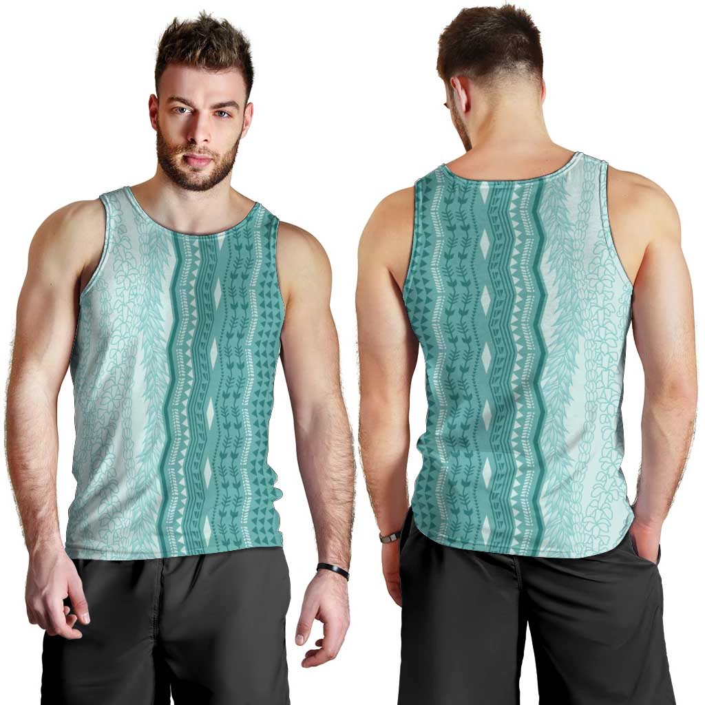 Vintage Teal Hawaiian Traditional Kapa Mix Flowers Lei Men Tank Top