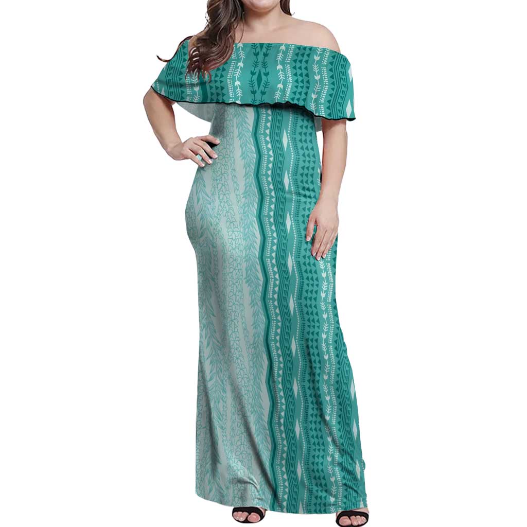 Vintage Teal Hawaiian Traditional Kapa Mix Flowers Lei Off Shoulder Maxi Dress